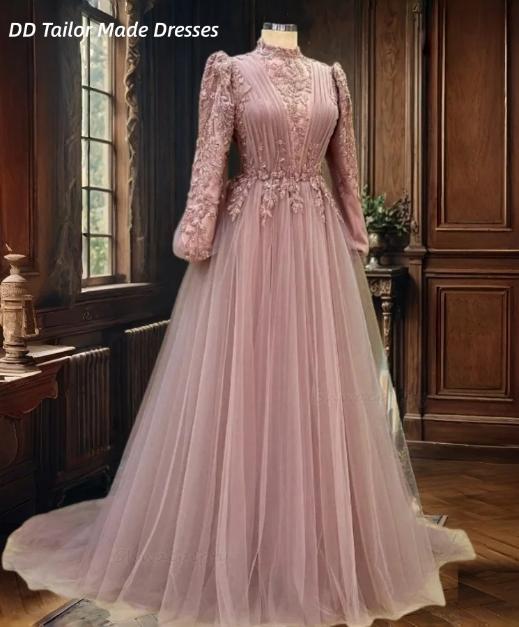 Perlenbesetzte luxuriöse muslimische Abendkleider, Falten, A-Linie, rosa Tüll-Abschlussballkleid, lange Ärmel, formelle Anlässe, individuell gestaltet 2026