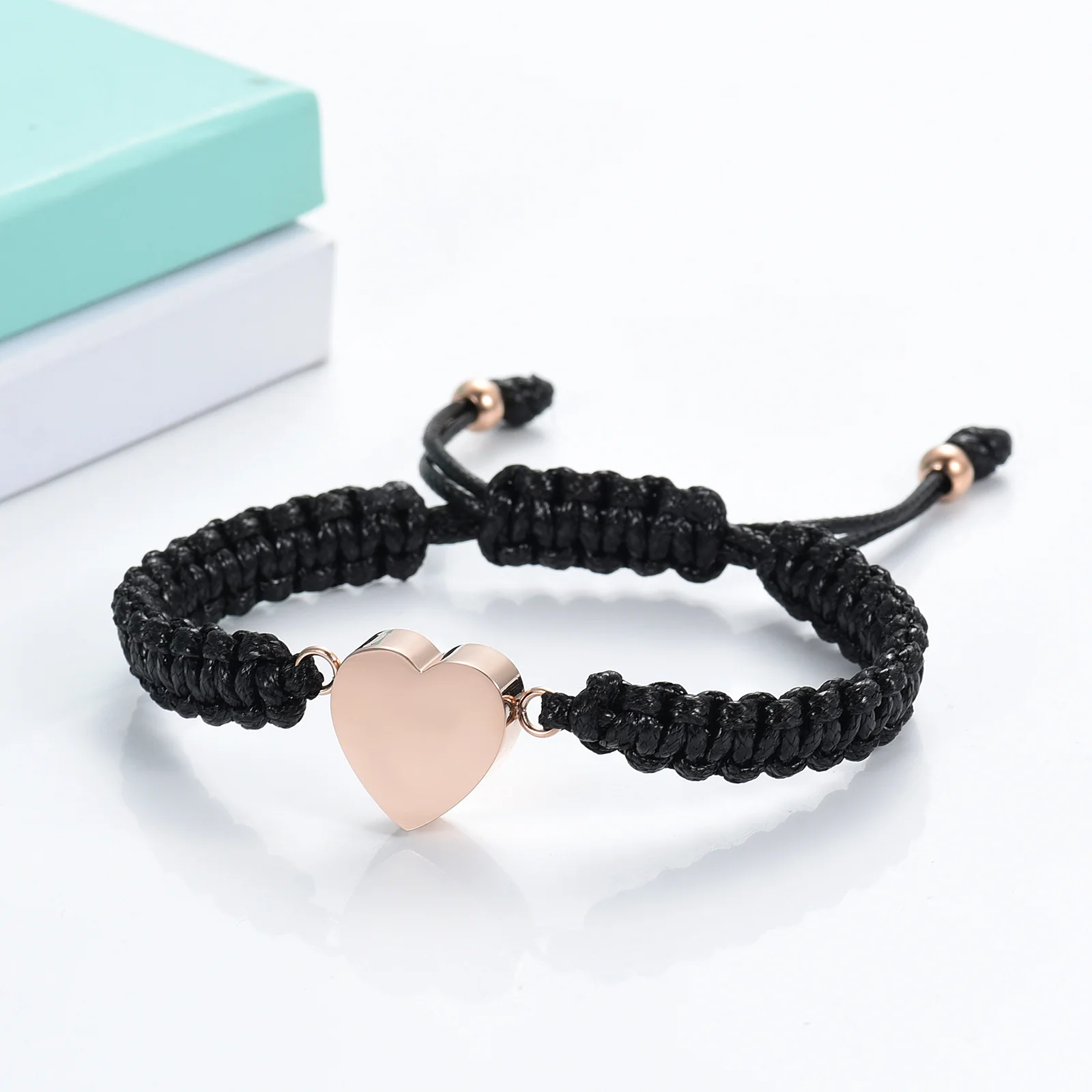 Heart Shape Urn Bracelet for Human/Pet Ashes Black Braided Rope Adjustable Bangle Keepsake Memorial Jewelry