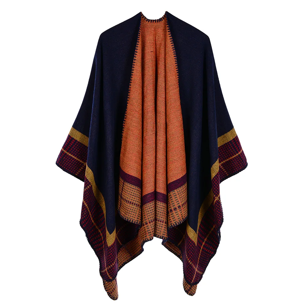 

Autumn Winter Women's Imitation Cashmere Warm Air Conditioning Shawl Sunscreen Cloak Tourism Cloak Ponchos Capes Navy 2