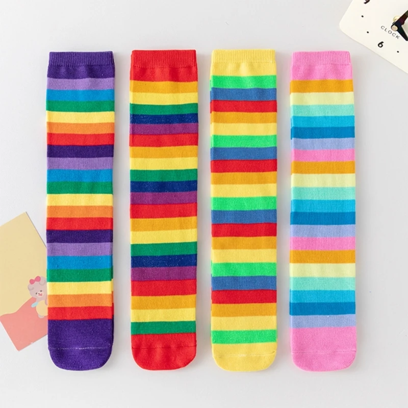 Spring Autumn Children\'s Long Stockings Rainbow Stripped Teen Girls Christmas Cosplay Party Socks Kids Girls Knee High Socks