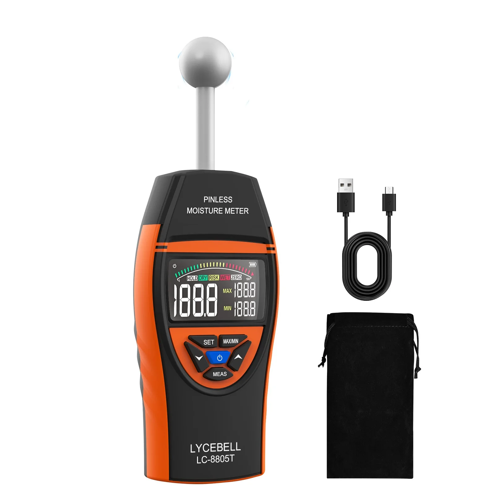 Portable Non-Contact Moisture Meter for Wood Concrete Plaster 20-40mm Depth Auto Calibration Beep Alarm Data Hold LCD Display