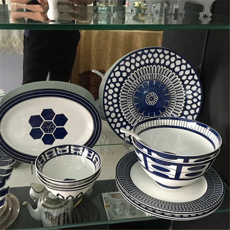 58 Pcs Porcelain Dinnerware Set Minimalist Blue Ceramic Kitchen Utensils Flatware Western Dinner Set Wholesale