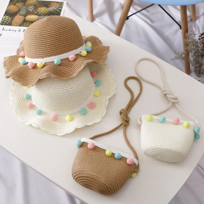 Baby Summer Hat Big Brim Straw Hats Bag for Girl Colorful Pompom Ball Fisherman Cap Travel Beach Sun Protection Accessories 1-3Y