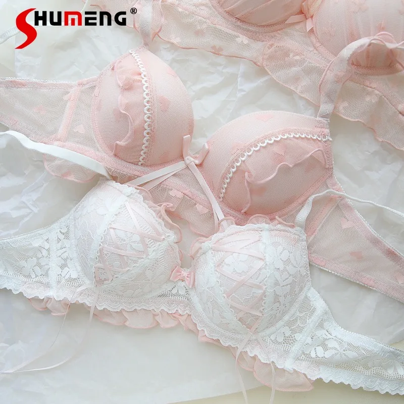

Japanese Style Girl's Pink Underwear Suits Sweet Lace Wireless Small Chest Intimates Women's Push Up Thin Cup Brief Set