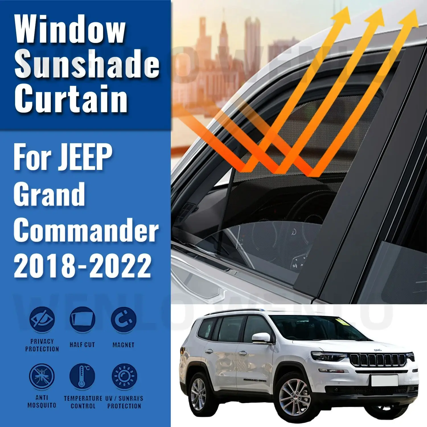 For JEEP Grand Commander 2018-2022 Magnetic Car Sunshade Shield Front Windshield Frame Curtain Rear Side Window Sun Shade