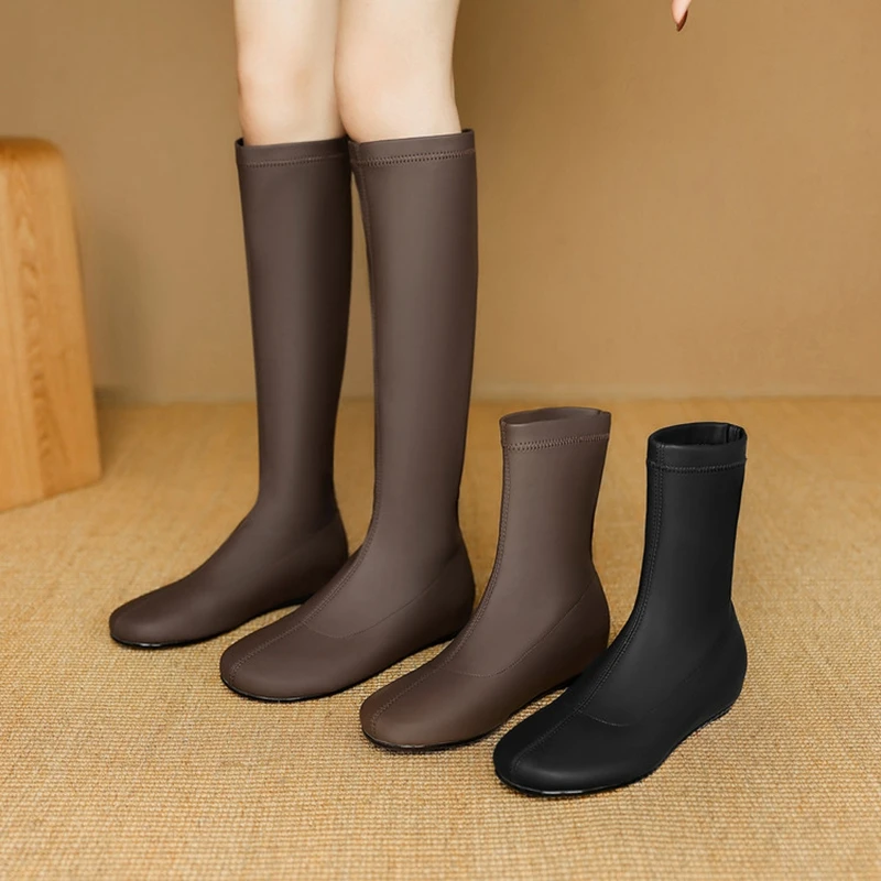 

Women's new autumn and winter round toe mid heel height increasing and calf elasticity short boots high boots retro fashion boot