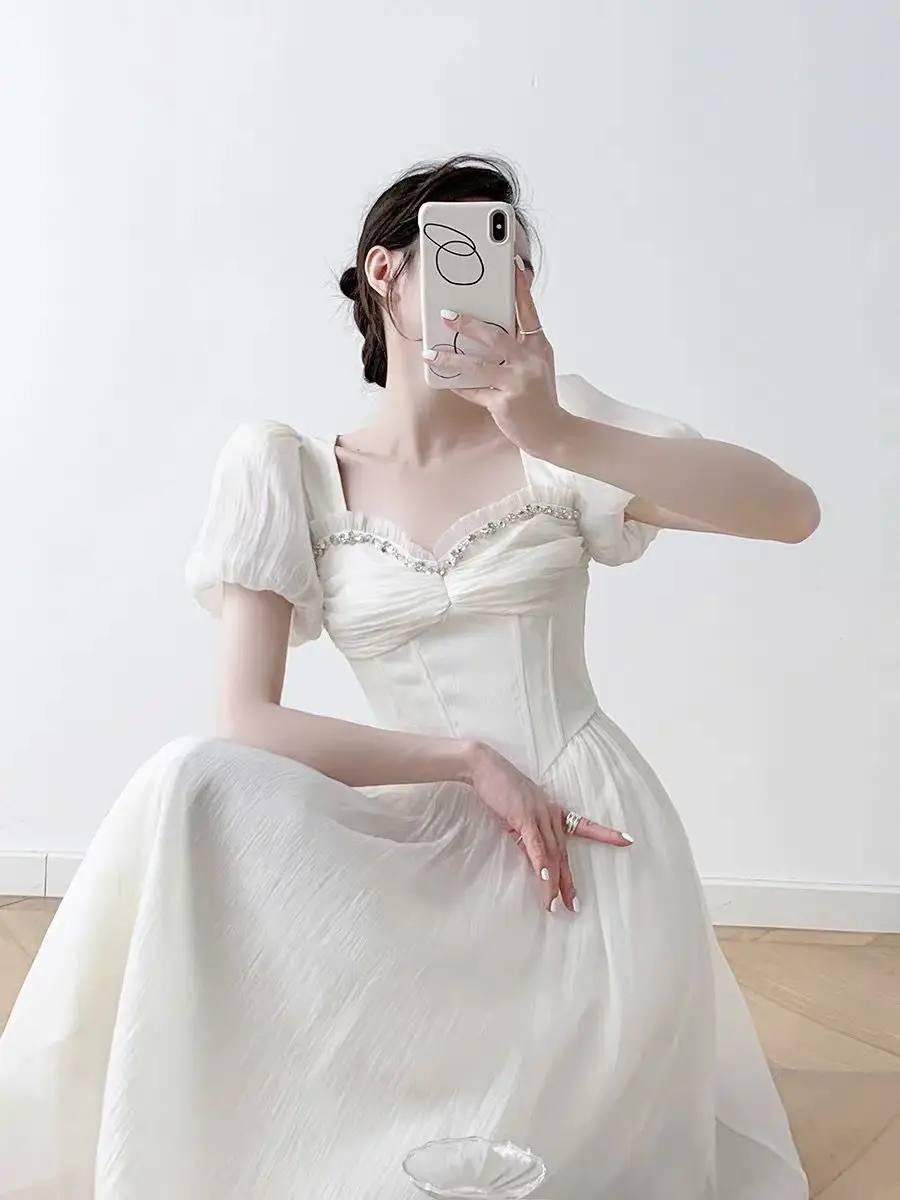 White Fairycore Princess Dresses Women Puff Sleeve Diamonds Midi Vintage Chiffon A-line Birthday Party Holiday Ins Temperament