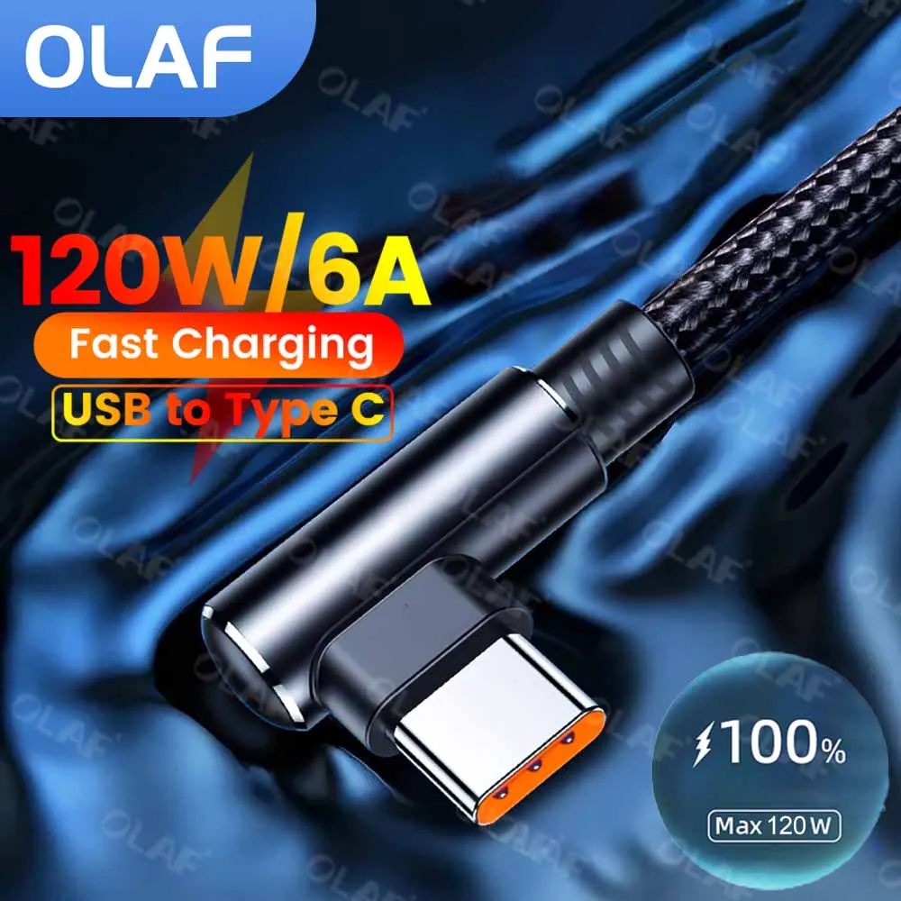 6A 120W USB Type C Fast Charging Cable 90 Degree Elbow USB To Type C Data Cable For Xiaomi Samsung Huawei Gaming Charging Cable