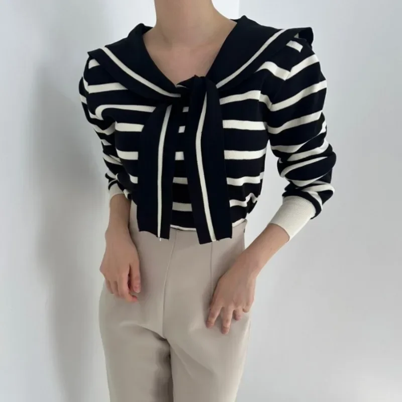 Sailor Collar Ropa Mujer 2024 Woman Sweater Hit Color Stripe Roupas Feminina Long Sleeve Tops Autumn Elastic Outerwears