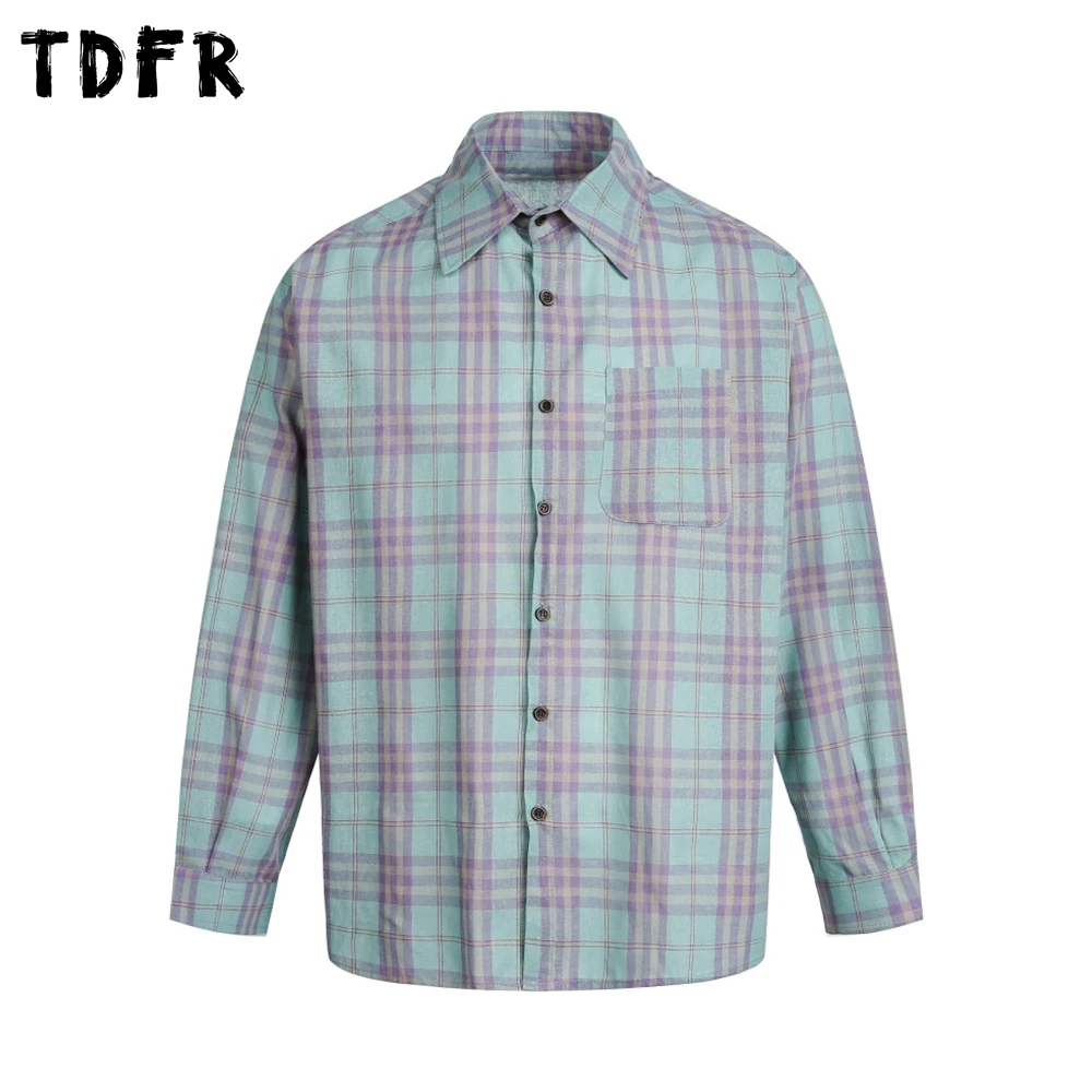 Retro Plaid Long Sleeve Shirts Mens Pocket Spring Casual Loose Single Breasted Checked Cotton Lapel Shirts Man