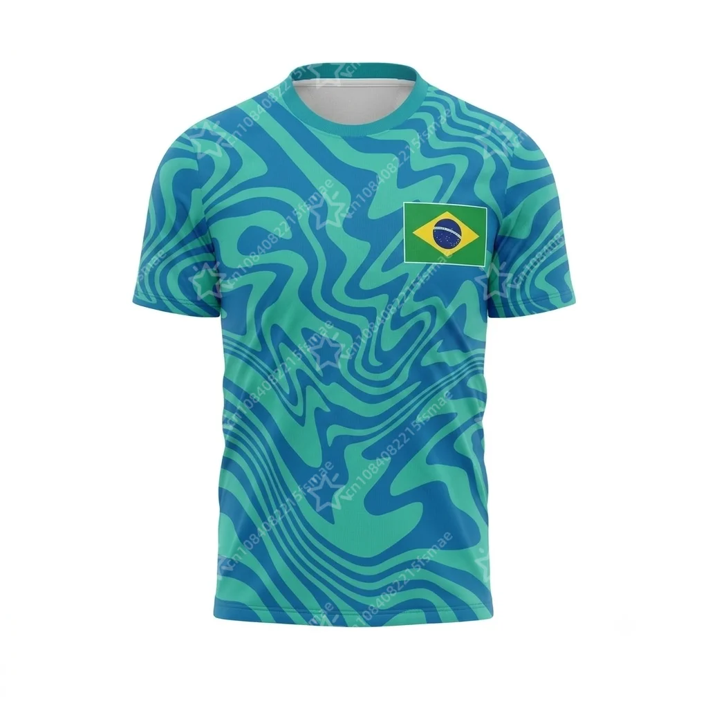 Brasilien Vor-Saison Trikot Neymar Jr Trainingsshirt Fußball T-Shirt Blau-Grün Wellenmuster Kurzarm Sport Gym Schnelltrocknend Kinder-Oberteil – Detail 5