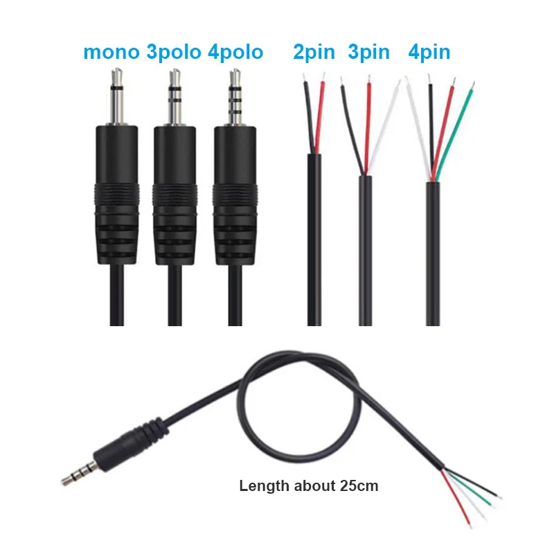 10pcs 25cm DIY Audio Repair Cable Charger Mono 2pole 3pole Plug 2.5mm Connector Cable Male Female 2pin 3pin Extension Wire