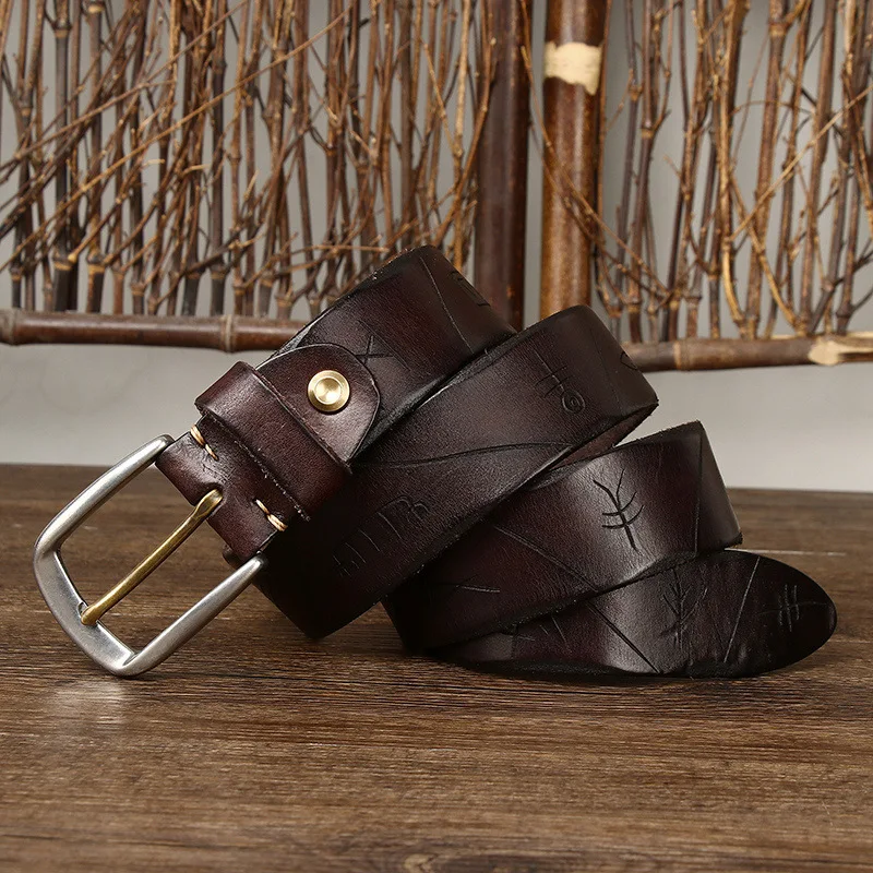 Trendy Retro Style Stainless Steel Buckle Leather Belt Men's Genuine Leather Pin Buckle Casual Waistband