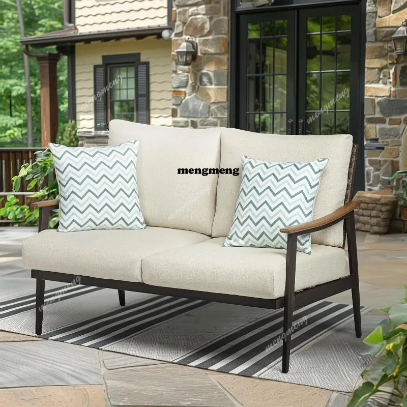 Patio Loveseat Sofa Outdoor Furniture Metal Chair with Wicker Backrest & 6 Inches Cushion for Indoor, Front Porch,, Customized