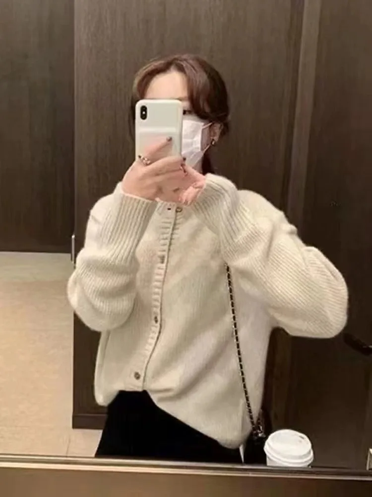 Autumn winter round neck 100% cashmere sweater long sleeve knitted cardigan ladies loose solid color wool knitted sweater top