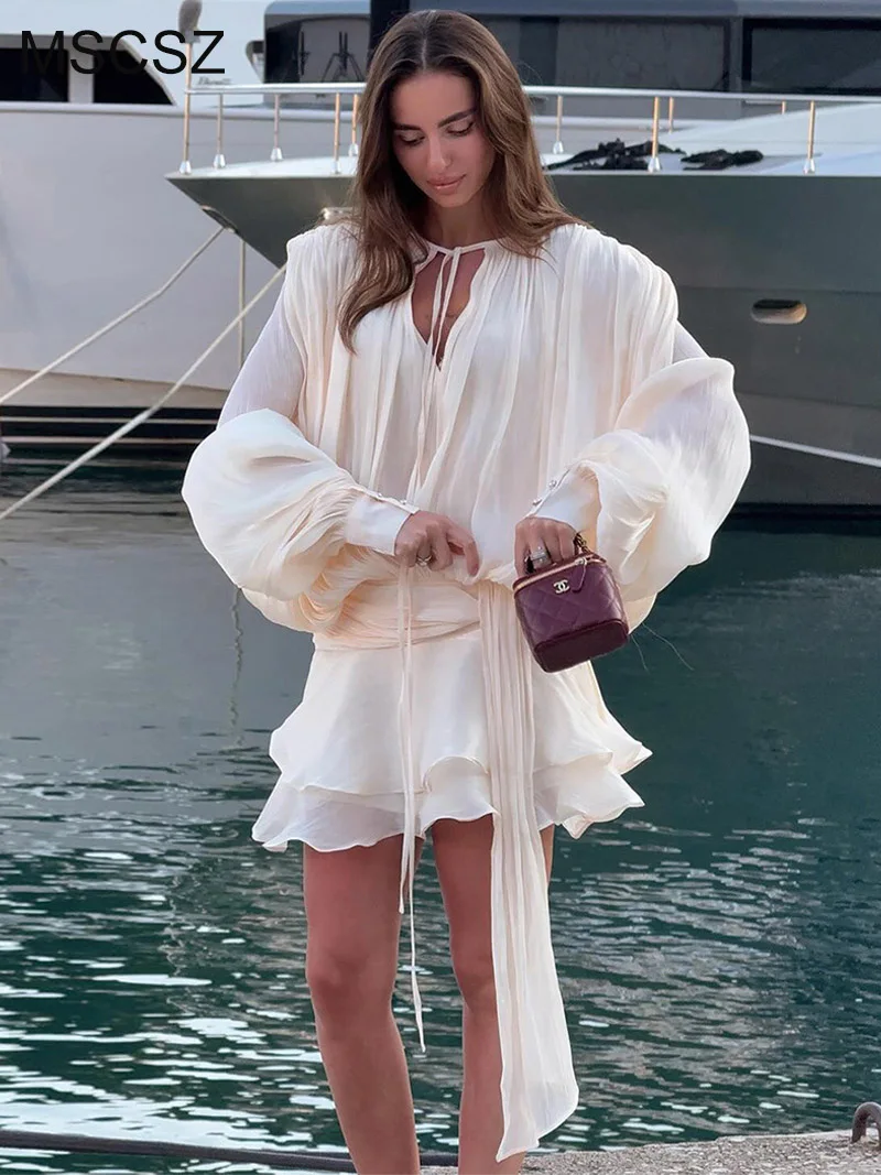 

MSCSZ Elegant Long Sleeve Mini Dress With Shorts Lantern Sleeve Layered Ruffle Dress Woman Luxurious Evening Dresses