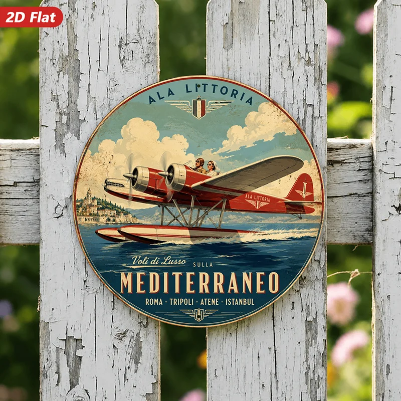 2D Flat, 1pc Vintage Seaplane Travel Round Metal Sign Wall Art, Ala Littoria Lettering, Red Twin Engine Seaplane