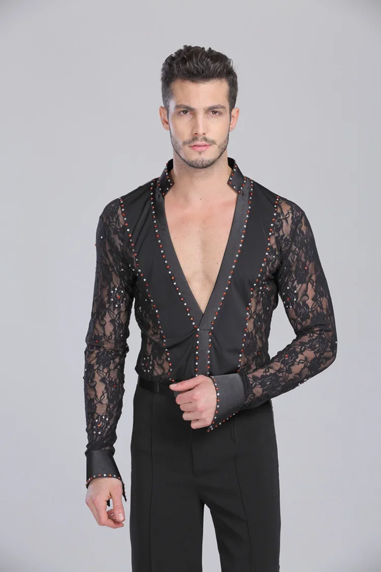 Men Latin Dance Lace black and white Garment Dance Waltz Ballroom Dance Garment Performance latin man shirts Garment Top