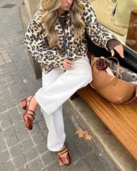 Tangada Women's Leopard Crop Jacket Loose Long Sleeves Pocket 2024 Ladies Elegant Oversized Coat JA020