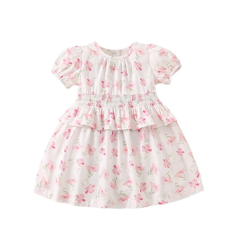 

Летнее платье в испанском стиле для девочек, розовое, с цветочным принтом, с короткими рукавами, из тонкого дышащего хлопка, повседневное, для малышей
