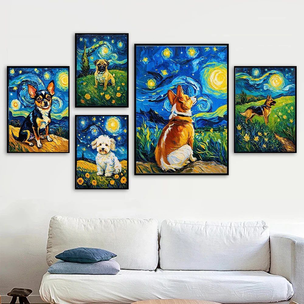 Van Gogh Starry Night Dog Floral Oil Painting Funny Animal Living Room Home Farmhouse Decor Gift Wall Art Canvas Posters Prints