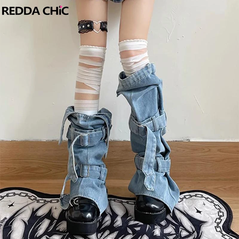 

REDDACHiC Asymmetric Women Denim Leg Warmers with Elastic Bands Y2k Cute Ruched Blue Jean Long Socks Bandage Belt Women's Gaiter