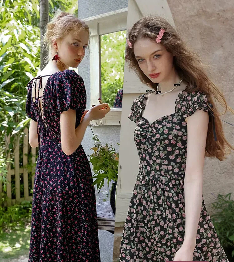 High Quality Hot Selling New Floral Fairy Dress Short Chiffon Dress Backless Vacation Style Beach Dress Women Summer Vintage Y2k