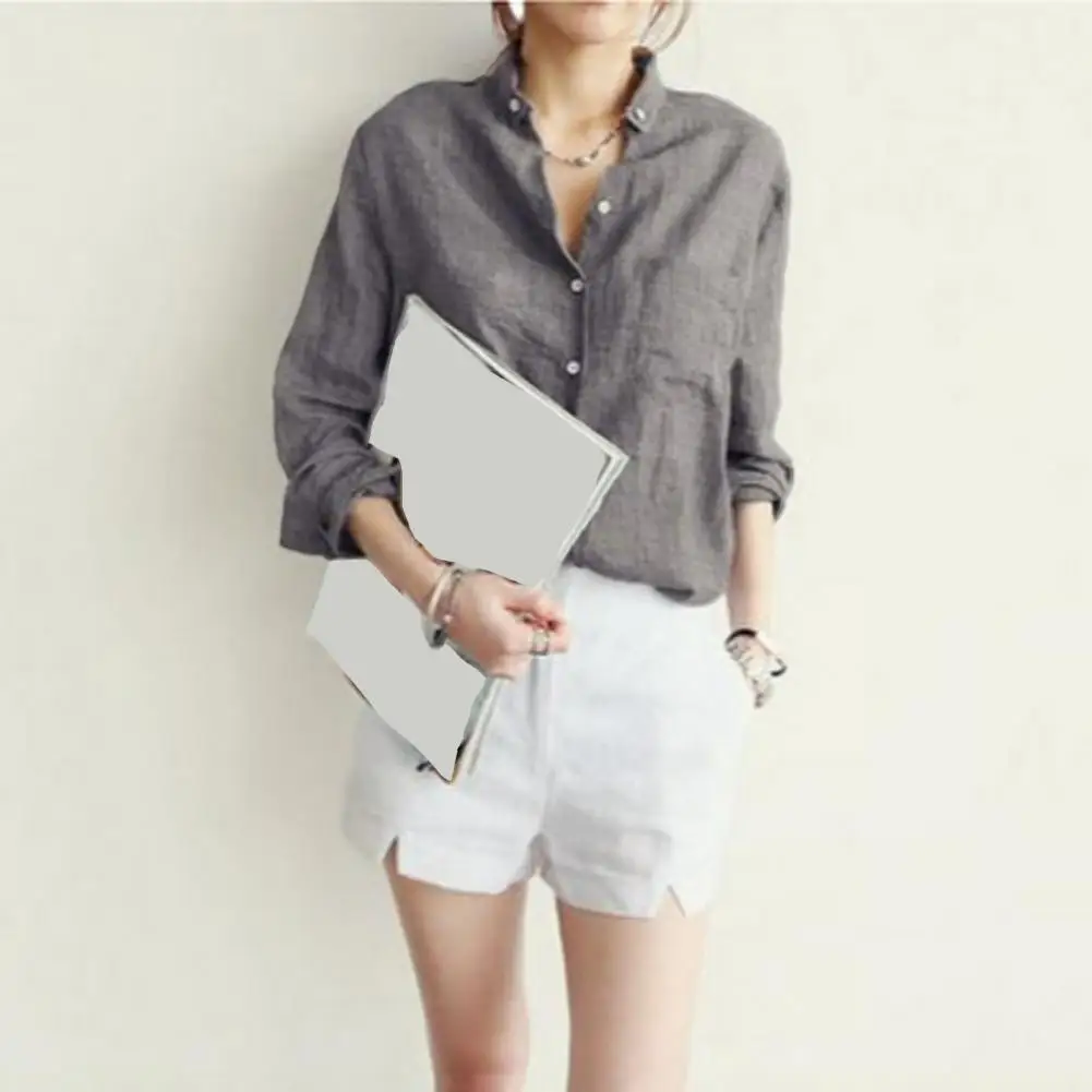 

Women Casual Shirt Lapel Long Sleeve Single-breasted Thin Shirt Tops Patch Pocket Loose Fit Workwear