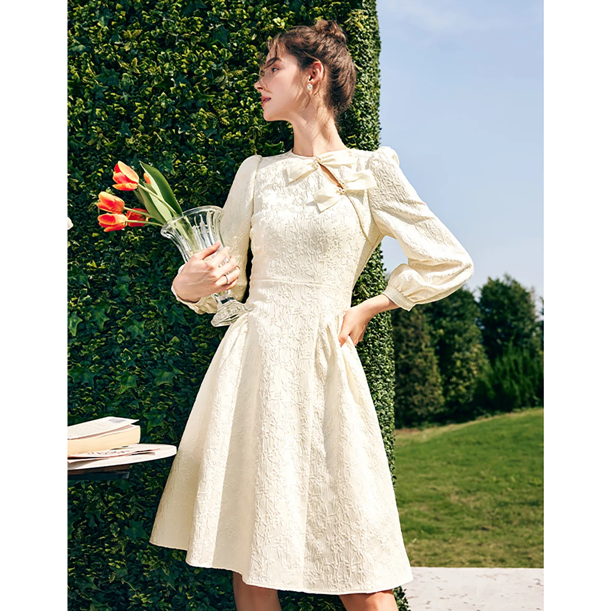 OLrain Frauen Elegante Tee-pause Kleid 2025, Herbst Puff Langarm Französisch Kleider Solide Jacquard Bogen Frau Kleidung O23CL 69329