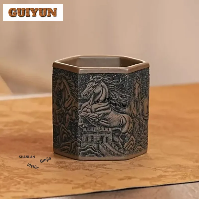 

200 мл Исин Фиолетовая глина Ручная резьба Восемь лошадей Чашка Роскошная чайная чаша Глечик для дегустации чая Персональная чашка Jianzhan Master Cups Cha