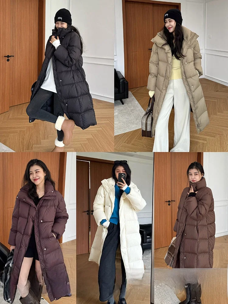

High Quali Warm Casual Versatile Pure Color Mid-Length down Jaet Zhaang a Xing Cloud Feather White Du down Coat