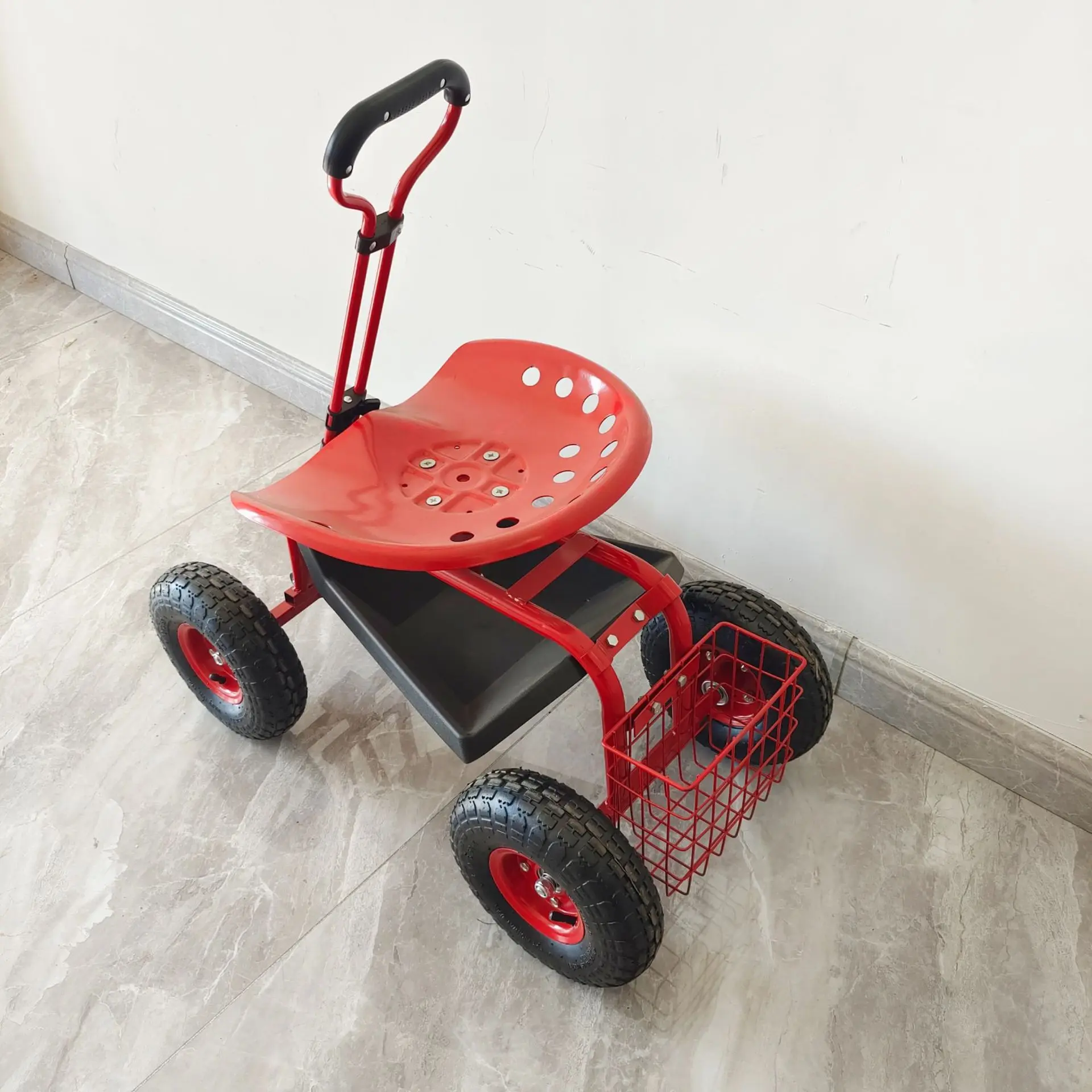 360 degree rotating seat car iron four-wheel garden tool car telescopic handle gardening garden car