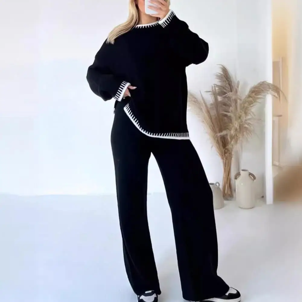 2 Pcs/Set Winter Women Sweater Pants Set Loose O Neck Long Sleeves Sweater Wide Leg Trousers Outfit Lady Homewear