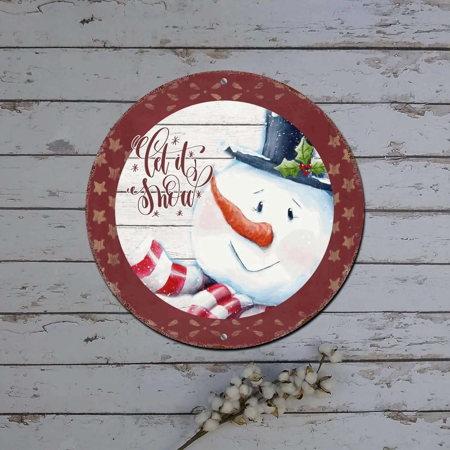 Outdoor Merry Christmas Sign Let It Snow Snowman Star Wood Grain Round Metal Tin Sign Christmas Wall Decor Rustic Metal Wreath S