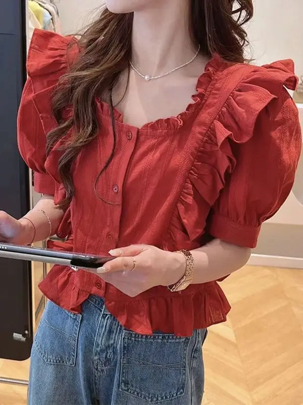 

Ruffled Puff Sleeve Square Neck Blouse Women's Summer Design-Inspired Fashionable Top Age-Reducing Chic Shirt French Shirt