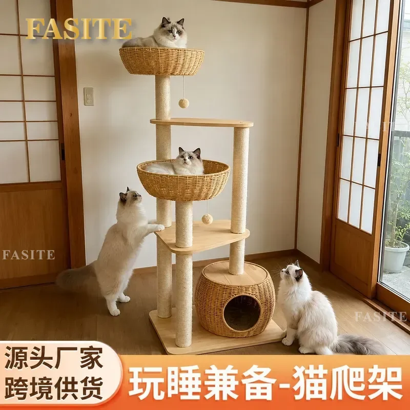 For Modern Simple Cat Climbing Frame Floor to Ceiling Rattan Wooden Base Sisal Rope Scratching Post Climbing Toy for Indoor