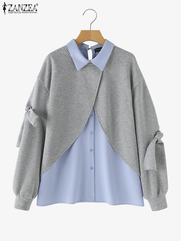 Coreano Speciale Pullover Donne Falso 2 pezzi Colletto della camicia Felpe ZANZEA 2024 Autunno Bowtie Manica Maglioni Vacanza Splicing Magliette e camicette