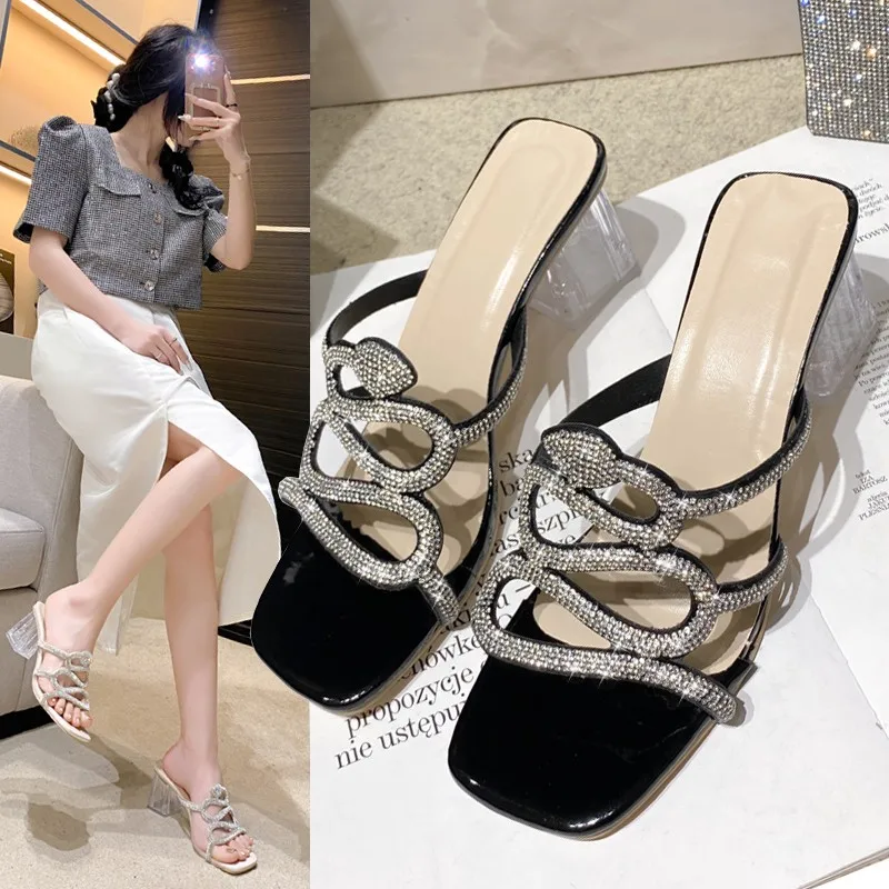 Rhinestone Slippers Summer 2024 Hollow Out Square Heels Sandals Sexy Christmas Party Shoes Plus Size Square Toe Women's Shoes