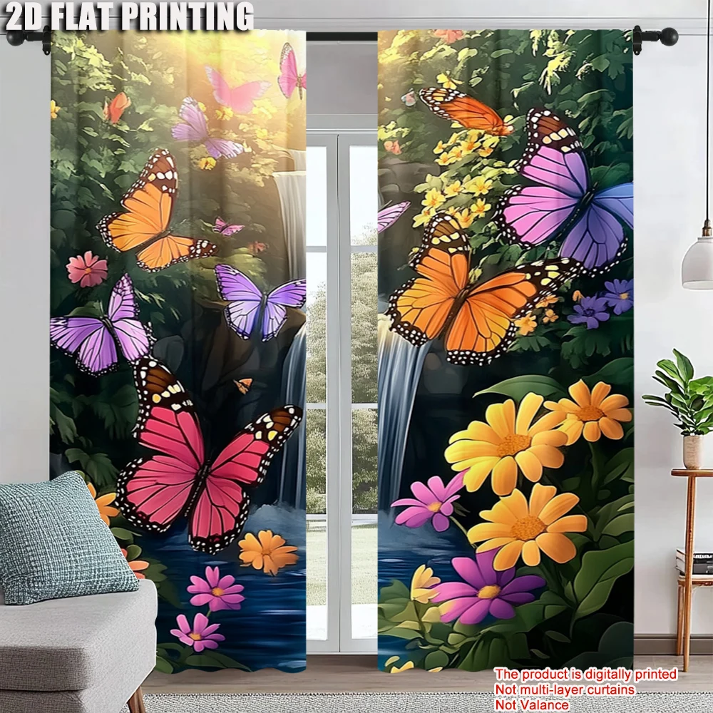 

2Pcs Colorful Butterfly Floral Waterfall Print Curtains Rod Hole Design For Easy Hanging Polyester Drapes For Bedroom And Living