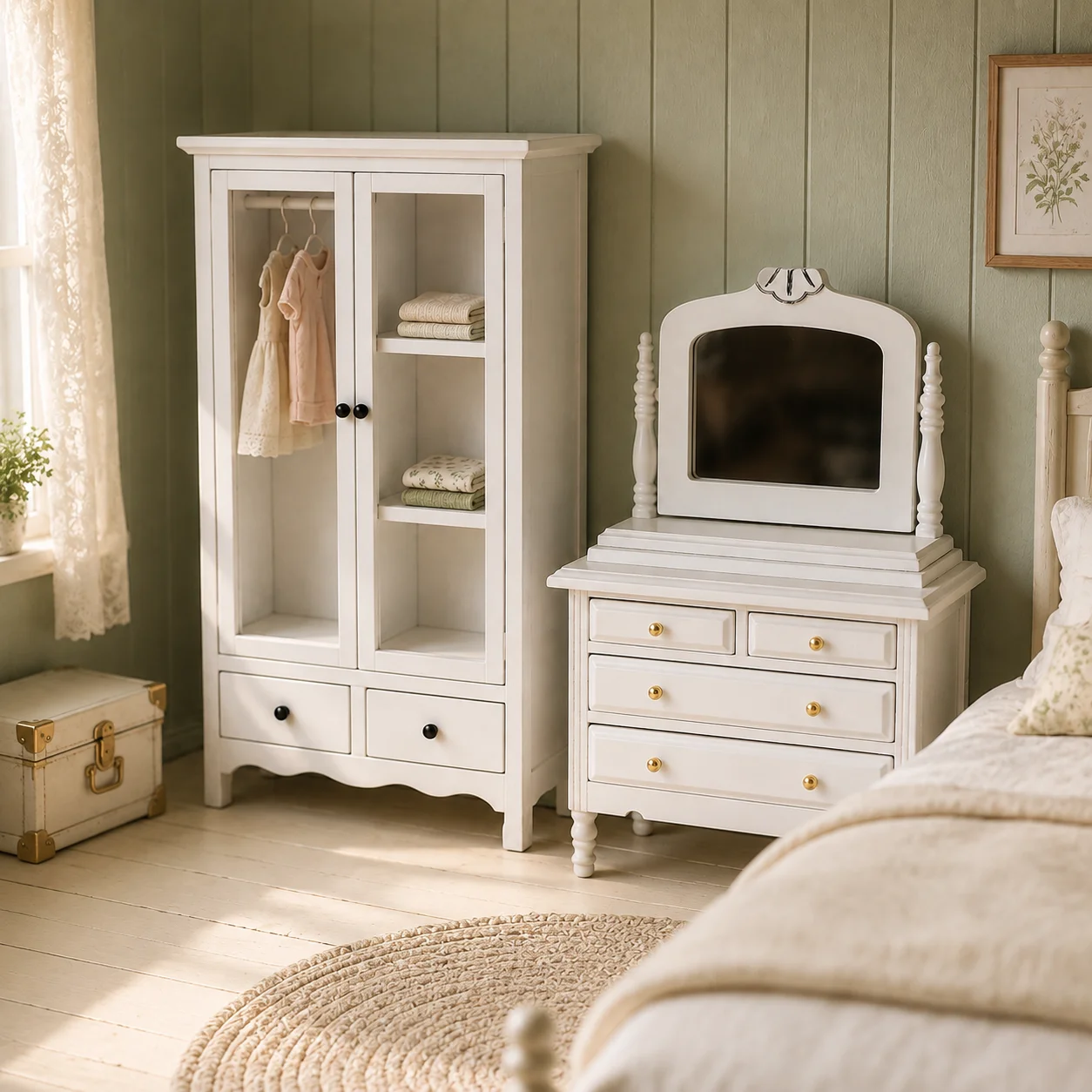 2pcs Miniature Dollhouse Vanity Dresser and Tall Cabinet Set, White Bedroom Furniture Decorative Collectible for DIY Scenes