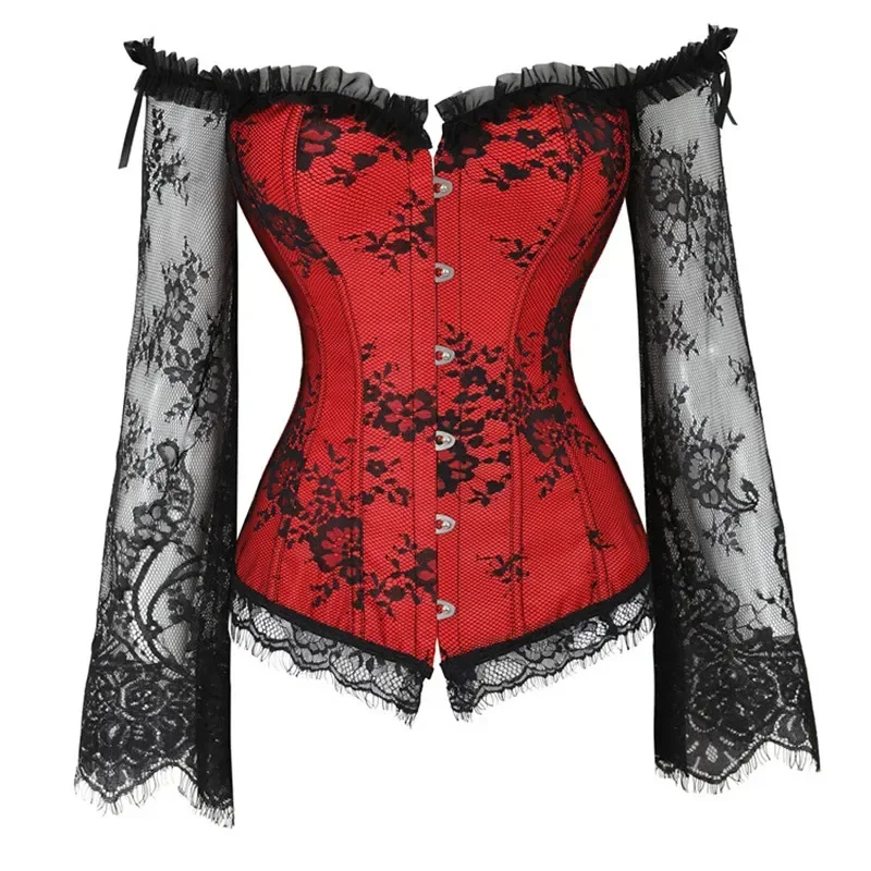 Medieval Women Corset Top Plus Size Sexy Lace Long Sleeve Bustiers Shoulder Straps Corselet Vintage Victorian Black Red