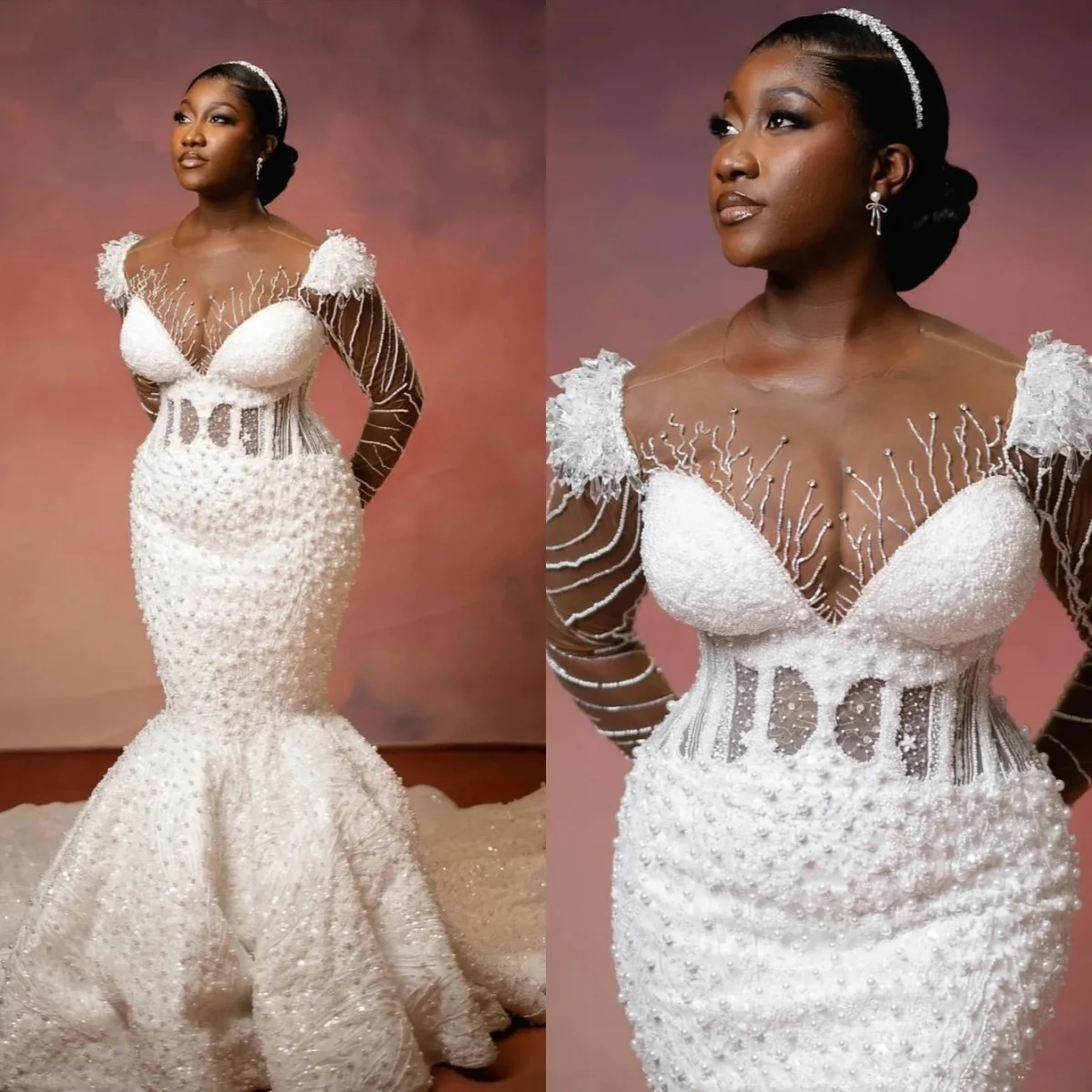 

Роскошное свадебное платье-русалка с бисером и жемчугом, с круглым вырезом, больших размеров, с пайетками и шлейфом, на заказ