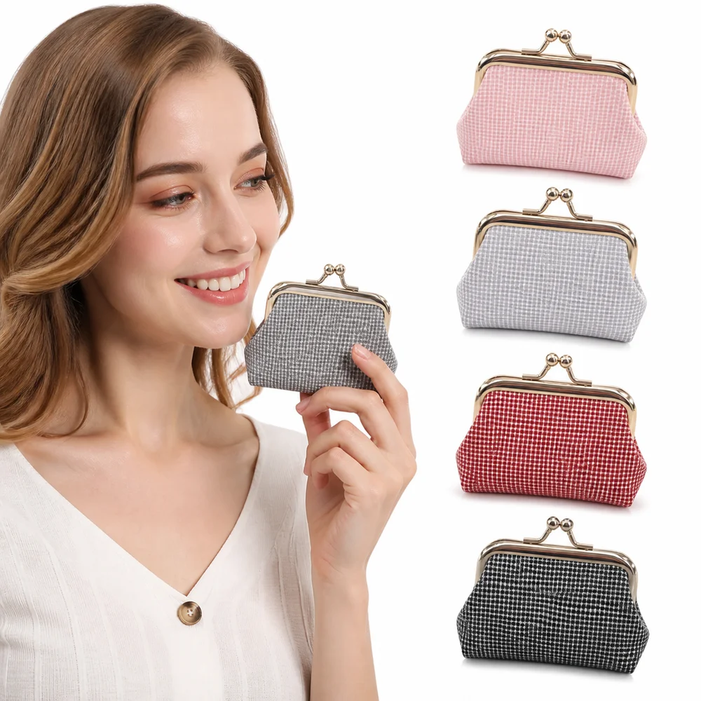 New Cotton Coin Purse Retro Plaid Hasp Closure Lipstick Pouch Small Multifunctional Cosmetic Bag for Girls
