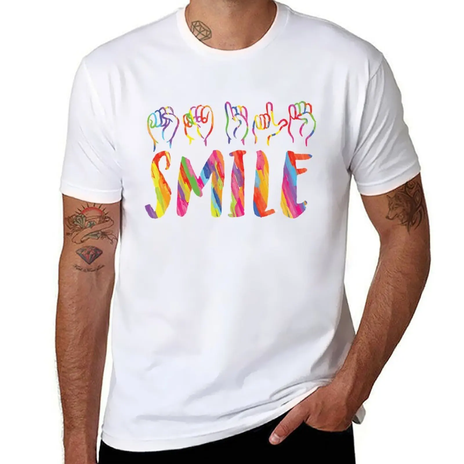 

Watercolor SMILE in Sign Language T-Shirt t shirts designer men t shirt cotton 100% T-Shirt