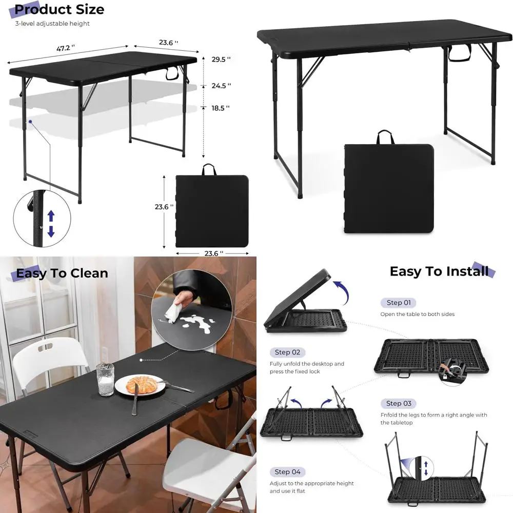 

Portable 4-Foot Heavy-Duty Plastic Folding Table with Adjustable Height, Suitable for Indoor and Outdoor Use, Black