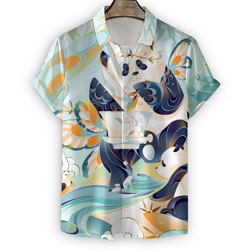 Camisa con estampado de Panda gigante en 3D para hombre, Top de solapa informal, Top de manga corta diario, ropa informal para mujer, Verano