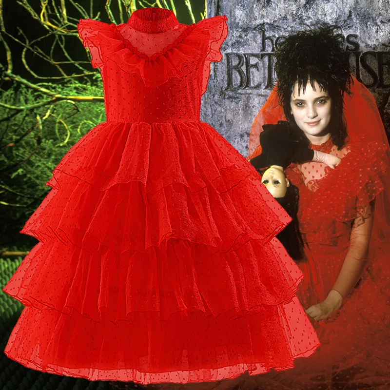 Lydia Deetz-فستان أحمر بلا أكمام للفتيات ، أزياء هالوين للأطفال ، تأثيري لشبح العروس ، فستان كرنفال ، ملابس حفلة عيد ميلاد ، ملابس جميلة