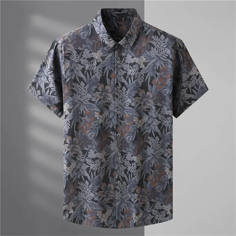 Large size men's short-sleeved shirt summer thin digital printing micro elasticity