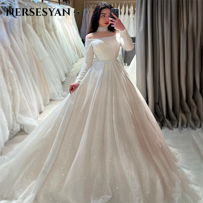 Nersesyan Modern Long Sleeves Glitter Wedding Gowns Tulle High-Neck Formal Bridal Dresses Sexy A Line Draped Vestidos De Novia