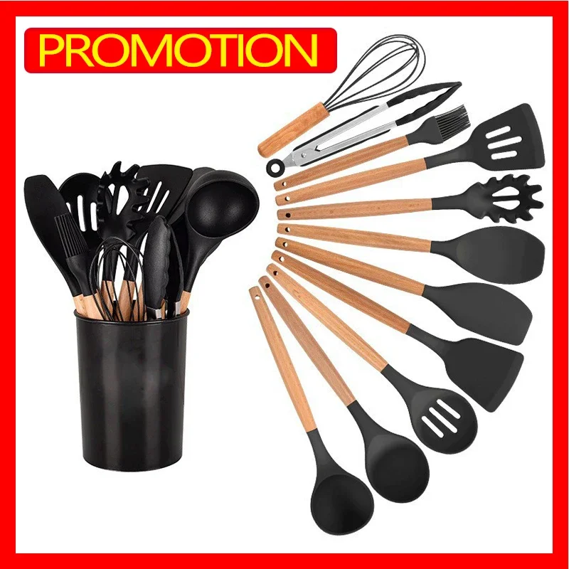 12PCS Silicone Kitchenware Non-Stick Cookware Kitchen Utensils Set Spatula Shovel Egg Beaters Wooden Handle Cooking Tool Set